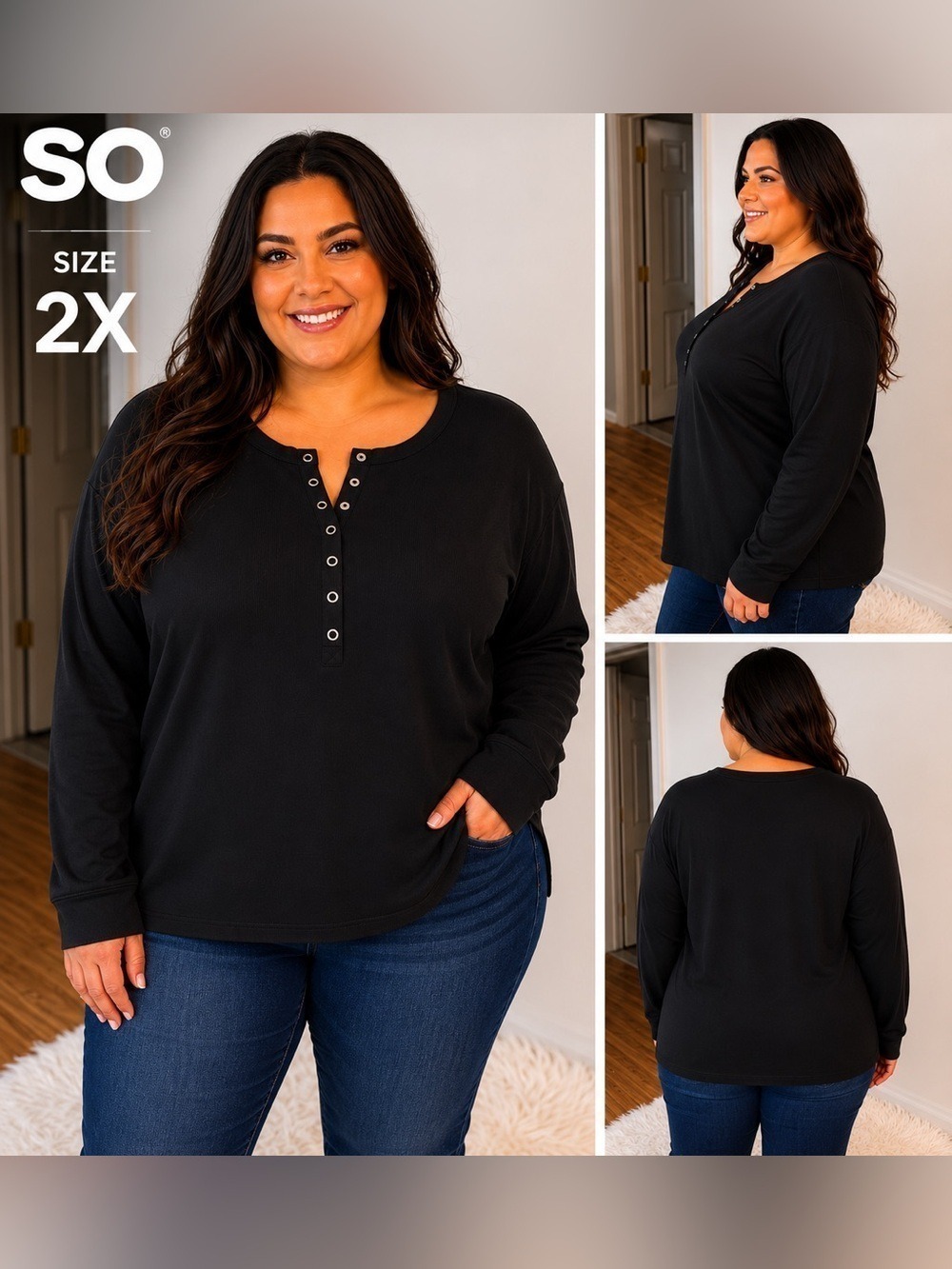 SO Black Ribbed Snap Henley Top Size 2X Long Sleeve Stretch Casual NWT